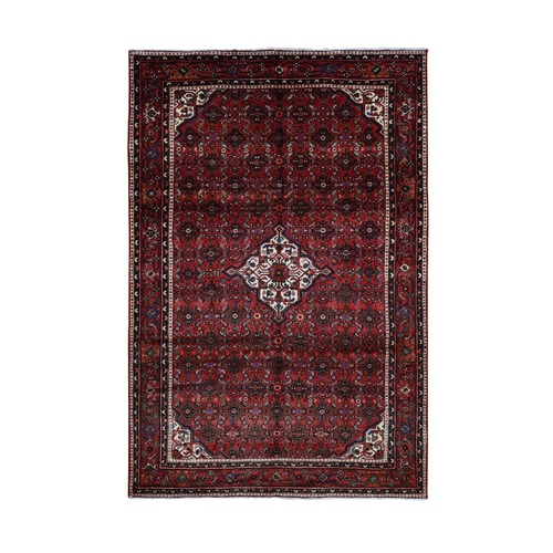 Fire Brick Red, New Persian Hamadan, Flower Medallion with Fish Mahi Field Design, Pure Wool, Hand Knotted, Oriental Rug