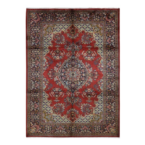 Fire Brick Red, New Persian Tabriz, Flower Medallion with Flower Bouquet Field and Border, Pure Wool, Full Pile, Hand Knotted, Oriental Rug