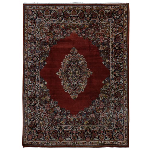 Cherry Red, Antique Persian Sarouk, Open Field Medallion Design, Pure Wool, Full Pile, Hand Knotted, Oriental Rug
