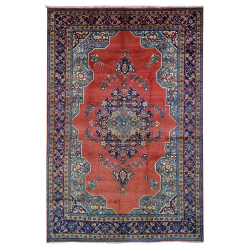 Fire Brick Red, Vintage Persian Viss Open Field Medallion Design, Full Pile, Clean and Soft, Pure Wool, Hand Knotted, Oriental Rug