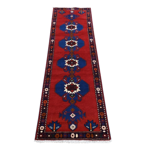 Maroon Red, New Persian Hamadan, Hand Knotted, Pure Wool, Repetitive Geometric Medallion Design, Open Field, Runner Oriental Rug