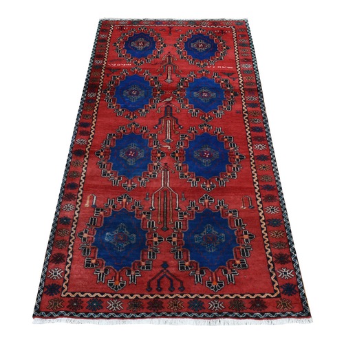 Chili Red, Vintage Persian Malayer, Geometrical Rosette Design with Small Bird Figurines, Pure Wool, Hand Knotted, Wide Runner Oriental Rug