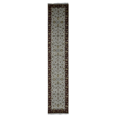 Ivory, Rajasthan Design, Half Wool and Half Silk, Thick and Plush, XL Runner Oriental 