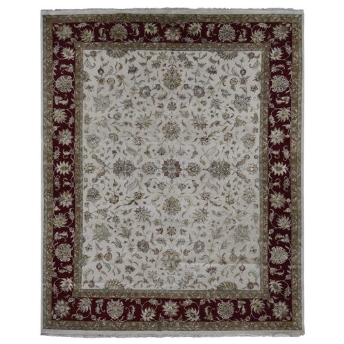 Floral White, Hand Knotted, Half Wool and Half Silk, Rajasthan All Over Leaf Design, Oversized Oriental Rug