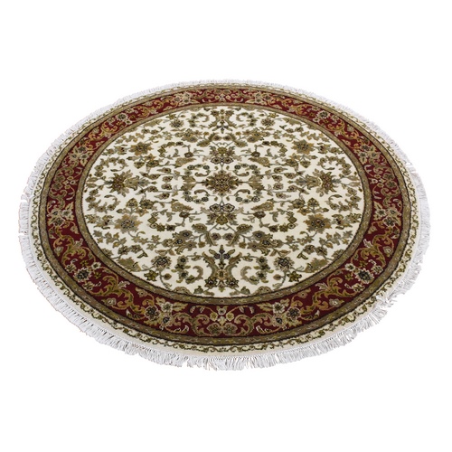 Eggshell White, Half Wool Half and Half Silk, Rajasthan Design, Hand Knotted, Round Oriental Rug