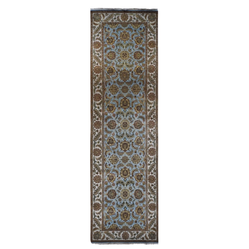 Silver Gray, Rajasthan Design, Pure Wool, Hand Knotted, Wide Gallery Runner, Oriental 