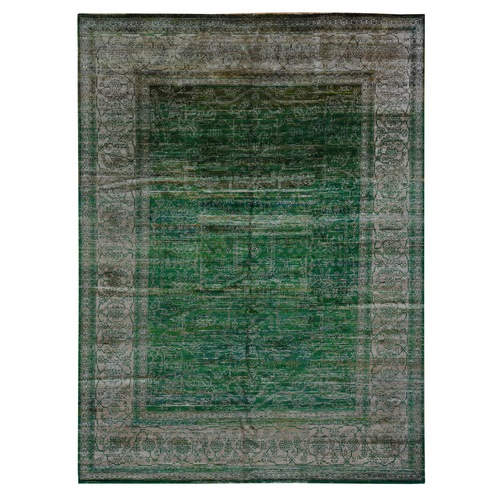 Forest Green, Hand Knotted, Sari Silk with Textured Wool, Transitional Design, Oriental Rug