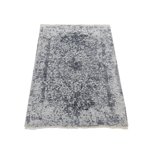 Arsenic Gray, Broken and Erased Persian Design, Wool and Pure Silk, Hand Knotted, Oriental Rug