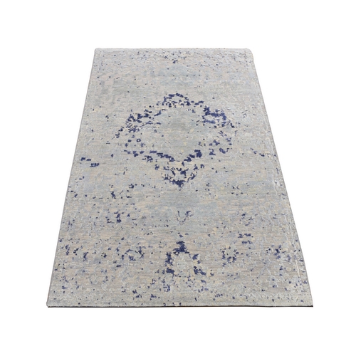 Powder Blue, Diminishing Cypress Trees with Medallion Design, Silk with Textured Wool, Hand Knotted, Oriental Rug