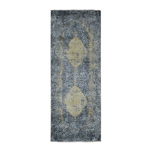 Davy’s Gray, Persian Design, Wool and Pure Silk, Hand Knotted, Wide Runner Oriental Rug