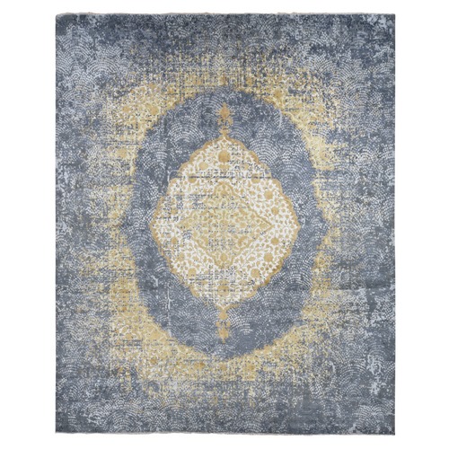 Pewter Gray with Gold, Broken and Erased Persian Medallion Design with Roman Mosaic, Wool and Pure Silk, Hand Knotted, Oversized, Oriental Rug
