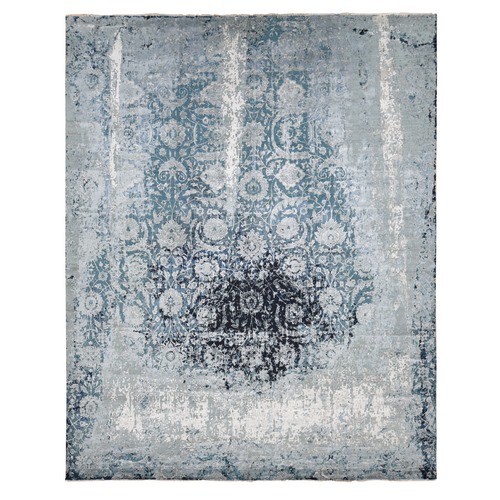 Gray with a Mix of Blue, Broken and Erased Persian Tabriz Design, Wool and Silk, Hand Knotted, Oversized, Oriental Rug
