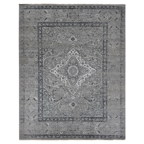 Fossil Gray, Broken and Erased Persian Design, Silk with Textured Wool, Hand Knotted, Oversized Oriental Rug