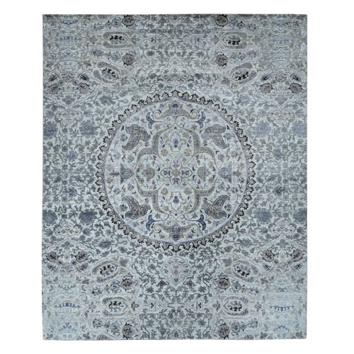 Cloud Gray, THE MAHARAJA, Oversized, Pure Silk with Textured Wool, Hand Knotted Oriental Rug