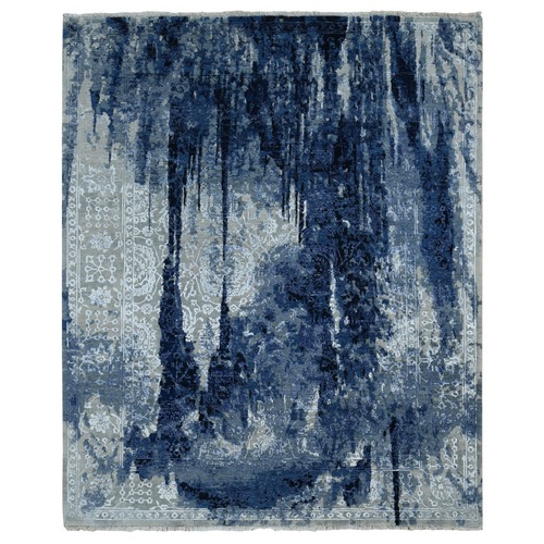 Denim Blue, Wool and Silk, Shibori Design, Tone on Tone, Hand Knotted, Square Oriental Rug