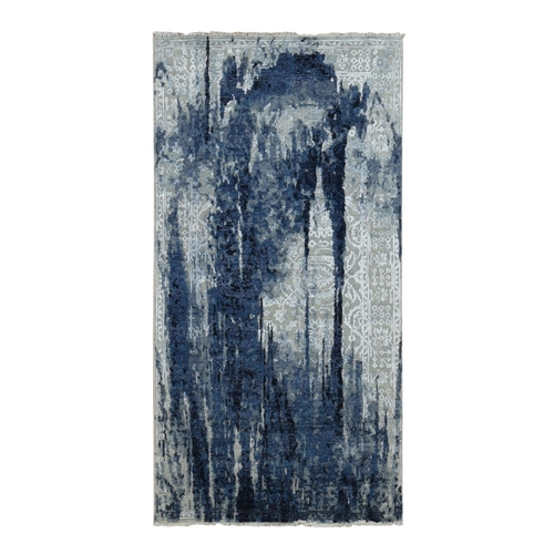 Shades of Blue with Gray, Shibori Design, Tone On Tone, Wool and Silk, Hand Knotted, Gallery Size Oriental 