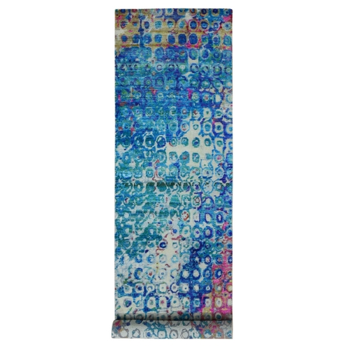 Admiral Blue, THE PEACOCK, Sari Silk, Colorful, Hand Knotted, Wide Runner, Oriental Rug