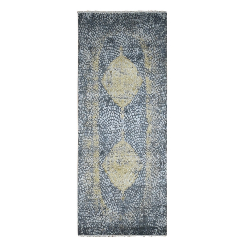 Nevada Gray with Gold, Persian Medallion Design, Wool and Pure Silk, Wide Runner, Hand Knotted, Oriental 