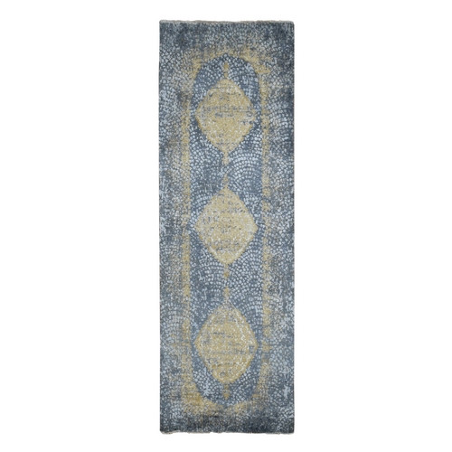 Nevada Gray with Gold, Persian Medallion Design, Wool and Pure Silk, Wide Runner, Hand Knotted, Oriental Rug