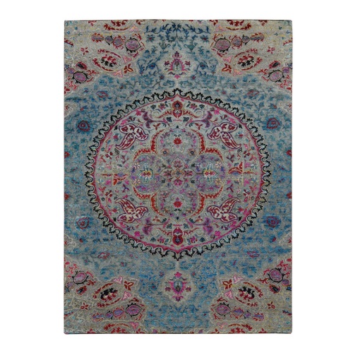 Thunder Gray, Sari Silk and Textured Wool, Colorful Maharaja Design, Hand Knotted, Oriental Rug