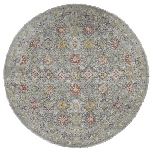 Agreeable Gray, THE SUNSET ROSETTES, Pure Silk and Wool, Hand Knotted, Round Oriental Rug