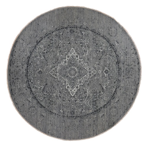 Carbon Gray, Broken Persian Erased Design, Pure Silk with Textured Wool, Hand Knotted, Round Oriental 