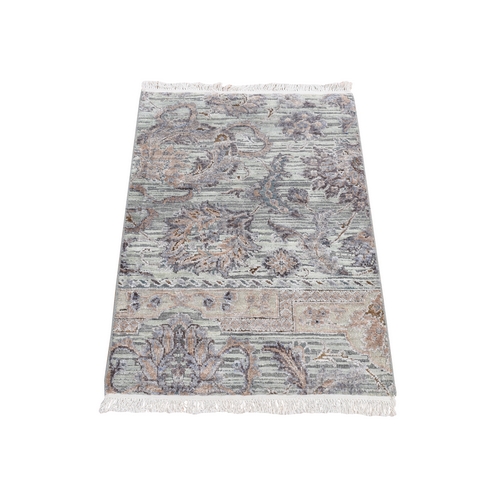 Nyanza Green, Pure Silk with Textured Wool, Mughal Design, Hand Knotted, Mat Oriental Rug