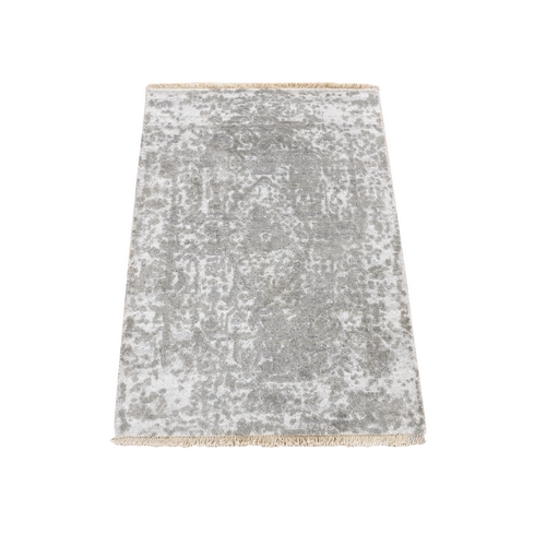 Stone Gray, Wool and Silk, Broken Persian Design, Hand Knotted, Sample Mat Oriental 