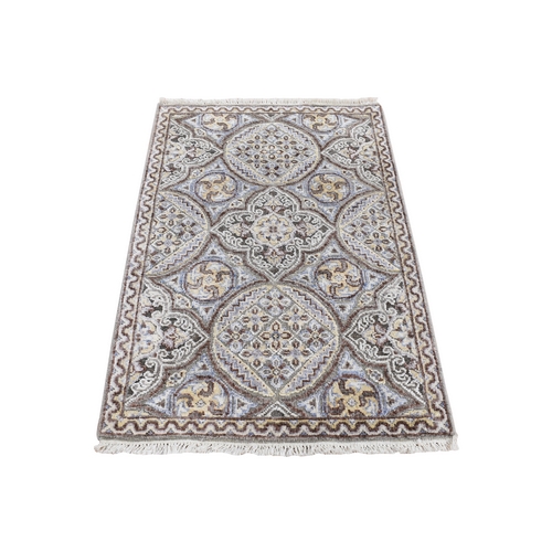 Steel Gray, Mughal Inspired Medallions Design, Textured Wool and Silk, Hand Knotted, Sample Mat Oriental Rug