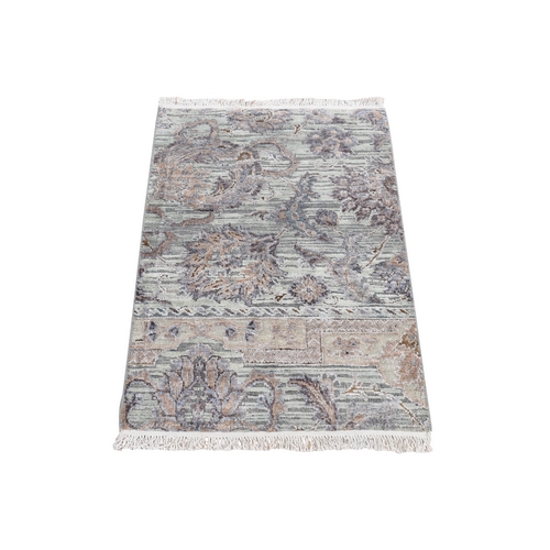Ash Gray, Mughal Design, Pure Silk with Textured Wool, Hand Knotted, Sample Mat Oriental Rug