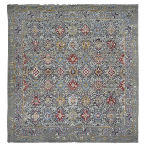 Gentle Gray, THE SUNSET ROSETTES, Wool and Pure Silk, Hand Knotted, Square Oriental Rug