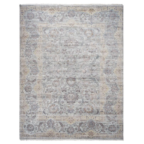 Chetwode Green, Hand Knotted, Pure Silk with Textured Wool, Mughal Empire Design, Oversized Oriental Rug