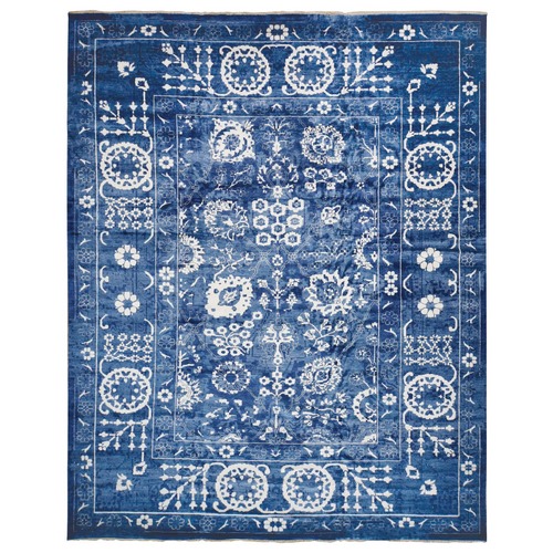 Steel Blue, Hand Knotted, Wool and Silk, Tone on Tone Tabriz Design, Oversize Oriental Rug