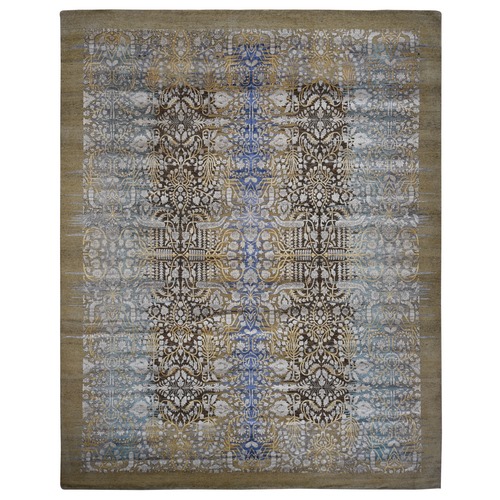 Dried Moss Brown, Silk with Textured Wool, Transitional Sarouk Design, Hand Knotted, Oversized Oriental Rug