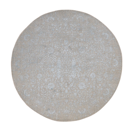 Agreeable Gray, Broken and Erased Cypress Tree Design, Pure Wool, Hand Loomed, Round Oriental Rug