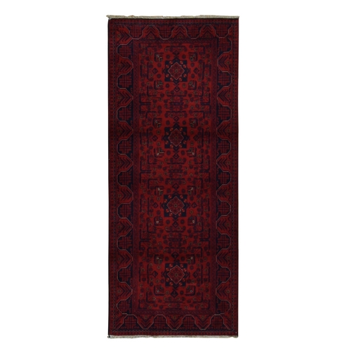 Wine Red, Afghan Andkhoy with Geometric Pattern, 100% Wool, Hand Knotted, Runner, Oriental Rug