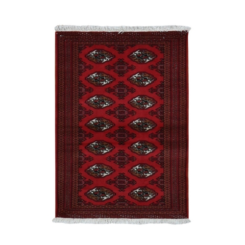 Crimson Red, New Persian Turkoman Bokara with Geometric Medallion Design, Pure Wool, Hand Knotted, Oriental Rug