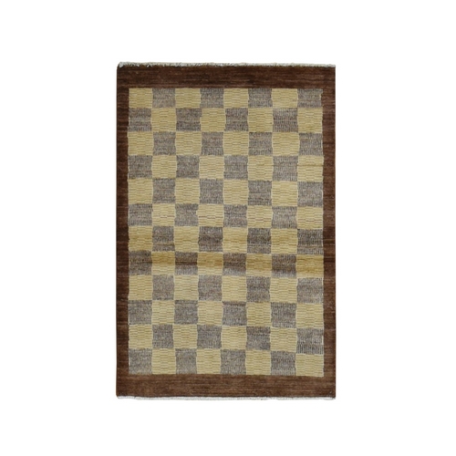 Desert Sand Brown, Peshawar Gabbeh with Checkers Board Design, Hand Knotted, Pure Wool, Oriental Rug