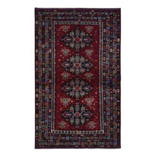 Carmine Red, Afghan Baluch with Repetitive Colorful Nomad Design, Pure Wool, Hand Knotted, Oriental 