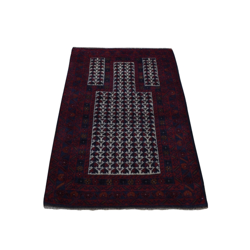 Maroon Red, Afghan Baluch Prayer Design, Pure Wool, Hand Knotted, Oriental Rug