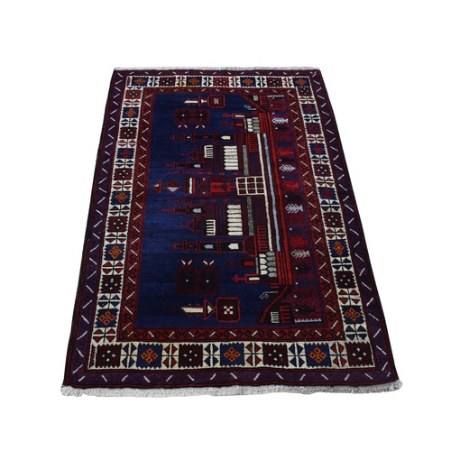 Space Cadet Blue, Pictorial Baluch with Palace Design, Pure Wool, Hand Knotted, Oriental Rug