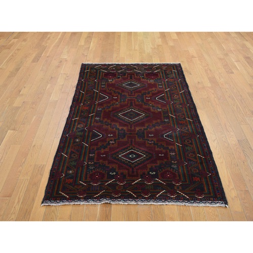 Chocolate Cosmos Red, Afghan Baluch Geometric Design, Pure Wool, Hand Knotted, Oriental Rug
