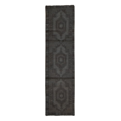 Olive Black, Pure Wool, Washed Out Afghan Baluch with Natural Colors, Hand Knotted, Narrow Runner, Oriental Rug