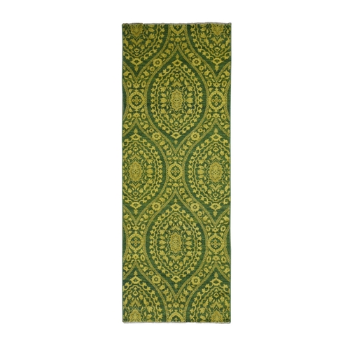 Green Overdyed, Mughal Design, Tone on Tone, Peshawar Hand Knotted, Pure Wool, Wide Runner Oriental 