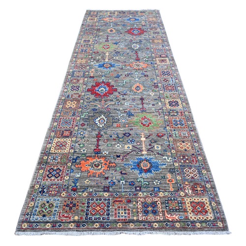 Gainsboro Gray, Aryana with Ziegler Mahal All Over Colorful Design, Hand Knotted, Vegetable Dyes, Vibrant Wool, Wide Runner Oriental Rug