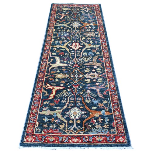 Hudson Blue with Bay Red Border, Fine Aryana Bidjar Garus Design, Natural Dyes, Pure Wool, Hand Knotted, Runner Oriental Rug
