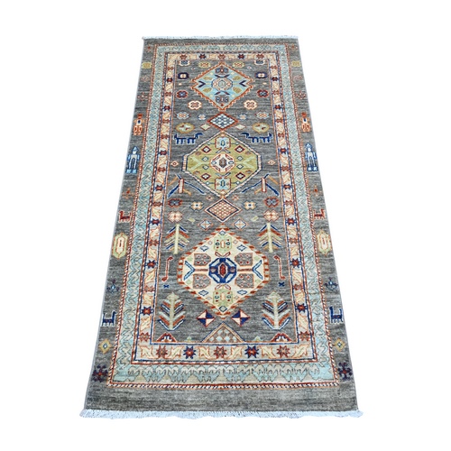Battleship Gray with Multiple Border, Aryana with North West Persian Design, Natural Dyes, Luxurious Wool, Hand Knotted, Runner Oriental 
