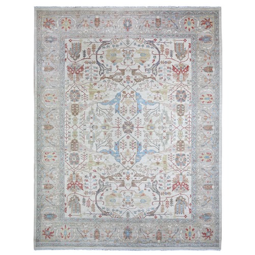 Cloud White With Mineral Gray Border, Extra Soft Wool, Fine Aryana Bidjar Garus Design, Soft Colors, Natural Dyes, Hand Knotted, Oriental Rug