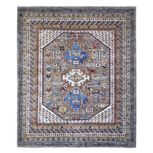 Silver Chalice Gray, Qashqai Shiraz Design with Small Animal Figurines , Multiple Borders , Extra Soft Wool, Hand Knotted, Oriental Rug