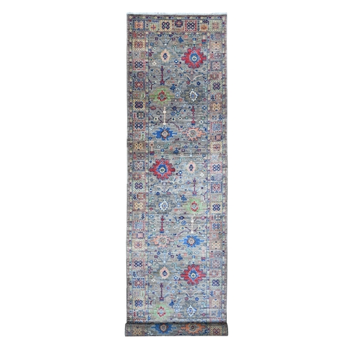 Fog Gray, Aryana Collection, Mahal Design with Geometric Leaf Elements, Vegetable Dyes, Extra Soft Wool, Hand Knotted, Wide and Long Runner, Oriental Rug